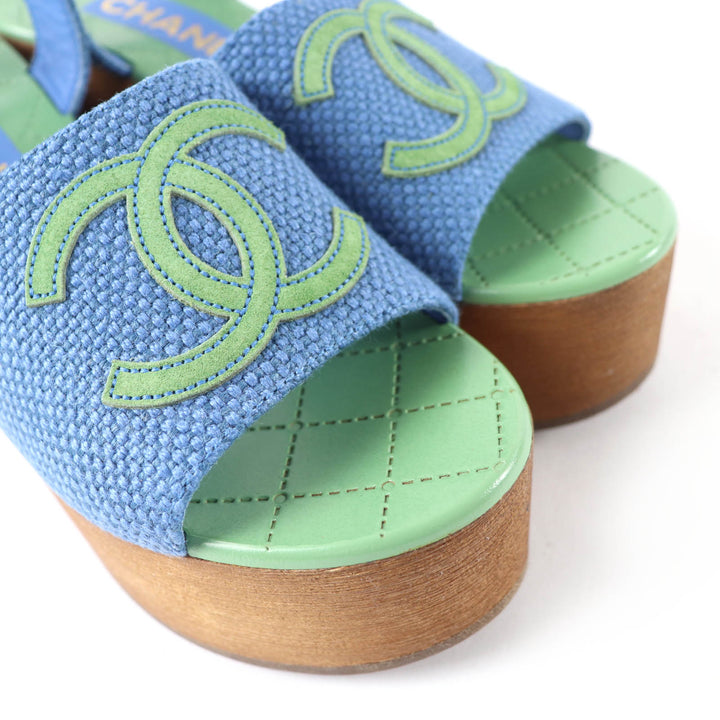 Excellent CHANEL Sandals COCO Mark Ankle Strap Wedge Heels blue Women 35 G45555