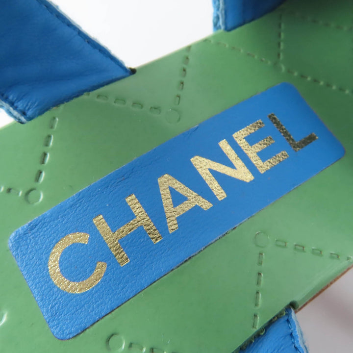 Excellent CHANEL Sandals COCO Mark Ankle Strap Wedge Heels blue Women 35 G45555