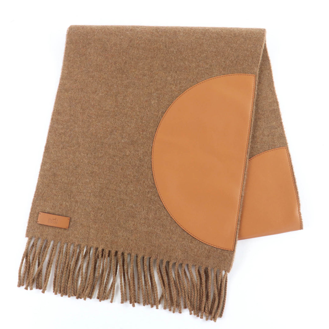 Pristine HERMES Scarf POIS CUIR Lamb leather patchwork Brown cashmere Women