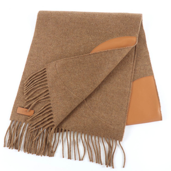Pristine HERMES Scarf POIS CUIR Lamb leather patchwork Brown cashmere Women