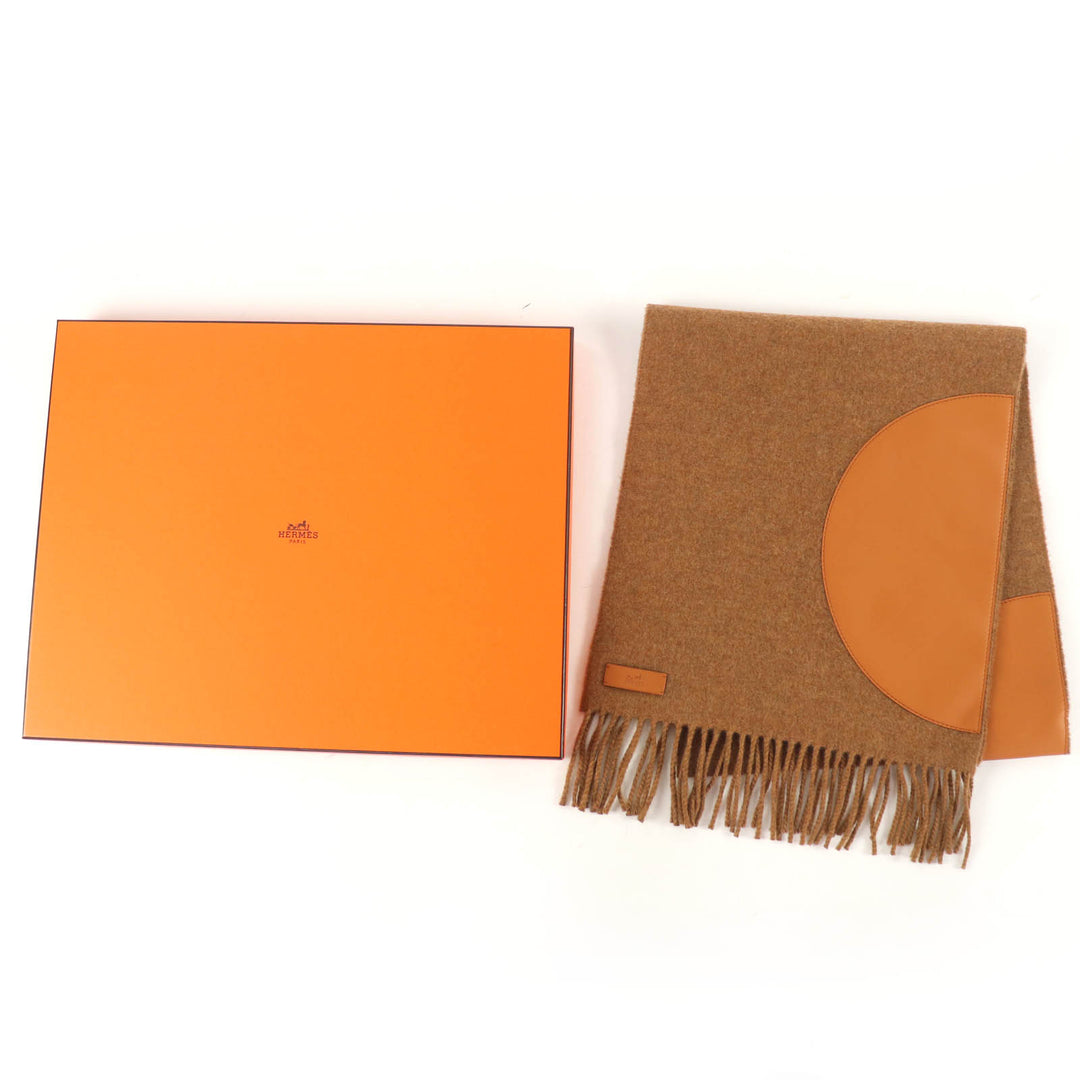 Pristine HERMES Scarf POIS CUIR Lamb leather patchwork Brown cashmere Women