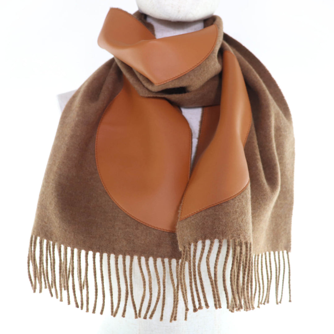 Pristine HERMES Scarf POIS CUIR Lamb leather patchwork Brown cashmere Women