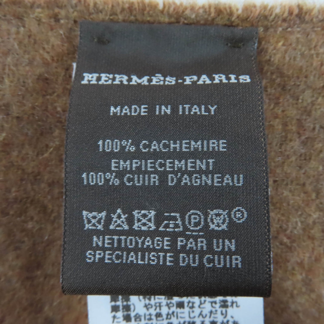 Pristine HERMES Scarf POIS CUIR Lamb leather patchwork Brown cashmere Women