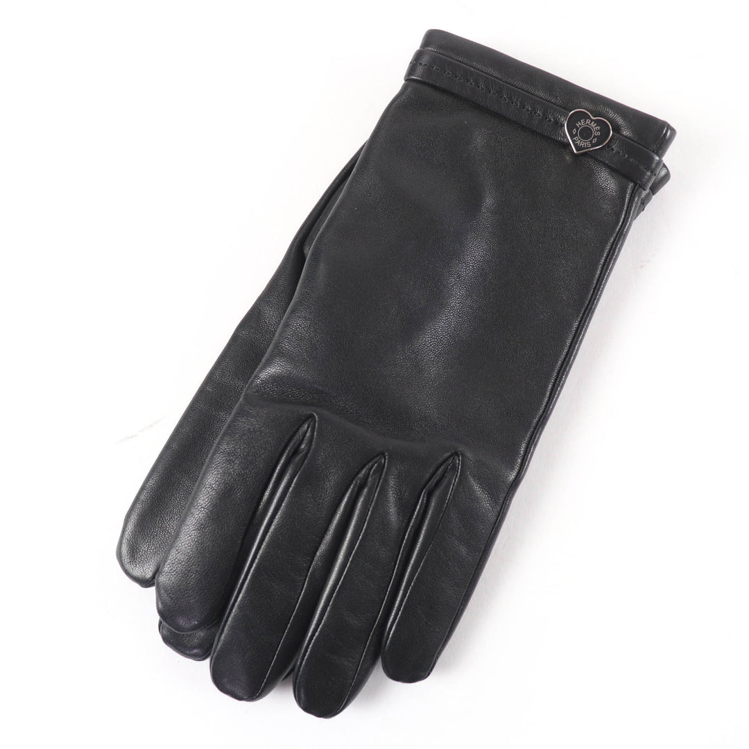 Great HERMES gloves Leather gloves with logo heart plate black Calf leather 7.5