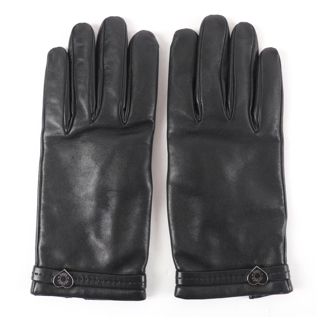 Great HERMES gloves Leather gloves with logo heart plate black Calf leather 7.5