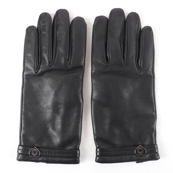 Great HERMES gloves Leather gloves with logo heart plate black Calf leather 7.5