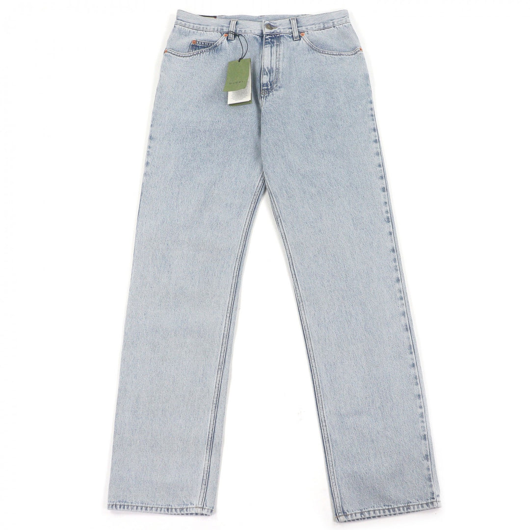 Excellent GUCCI Denim pants Vintage logo leather patch Light blue