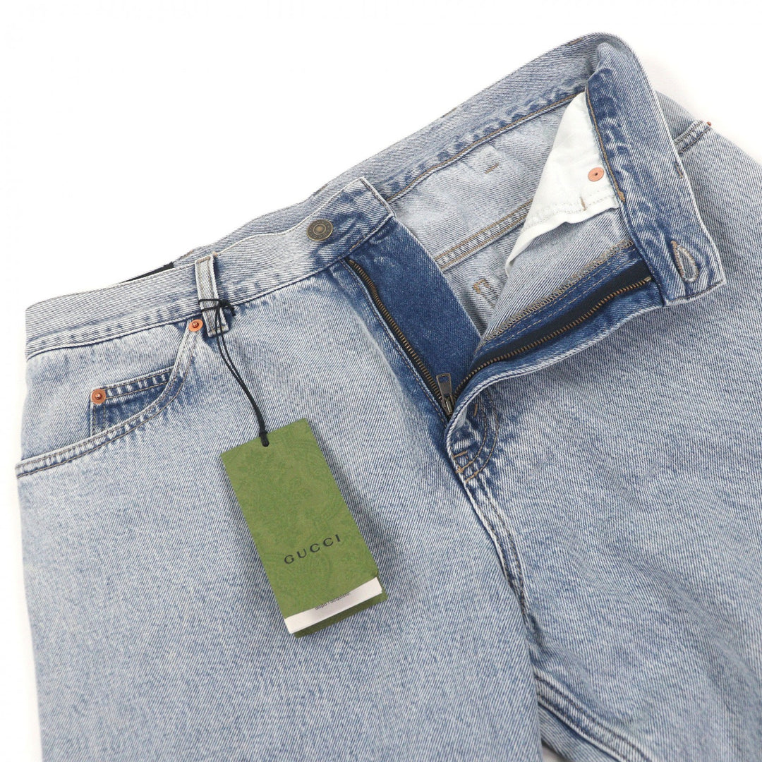 Excellent GUCCI Denim pants Vintage logo leather patch Light blue