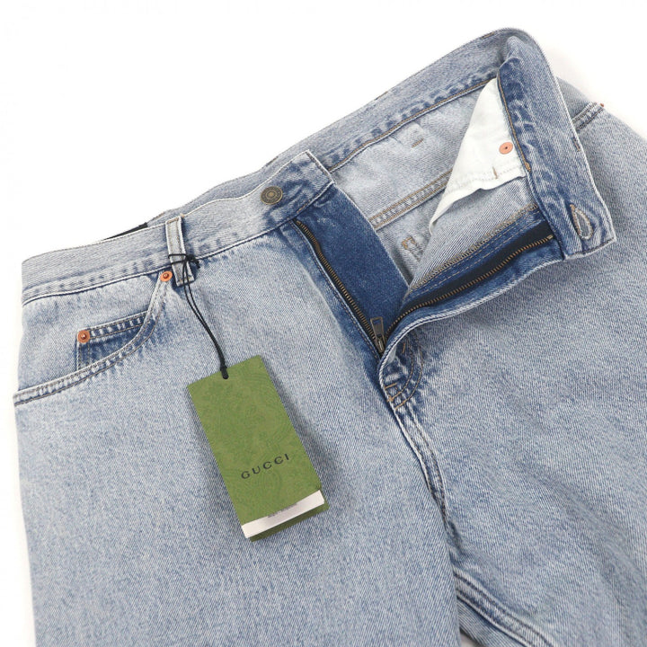 Excellent GUCCI Denim pants Vintage logo leather patch Light blue