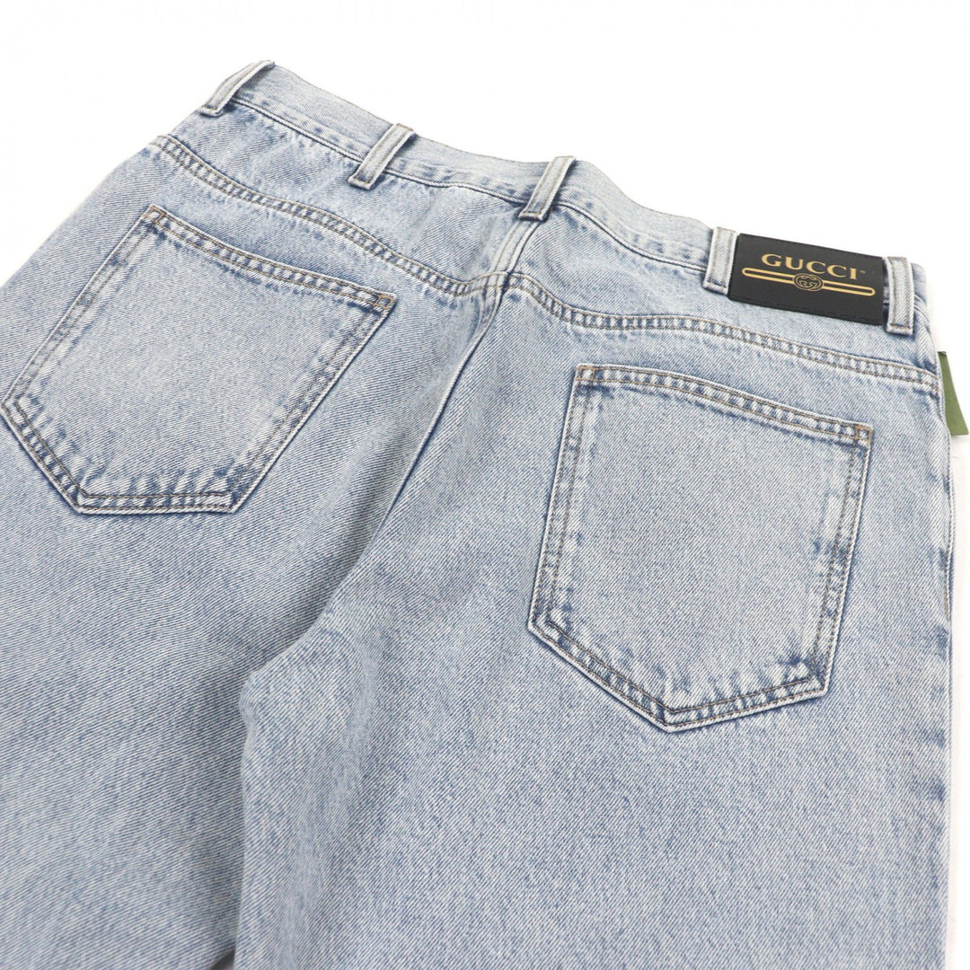 Excellent GUCCI Denim pants Vintage logo leather patch Light blue