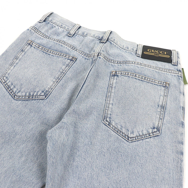 Excellent GUCCI Denim pants Vintage logo leather patch Light blue