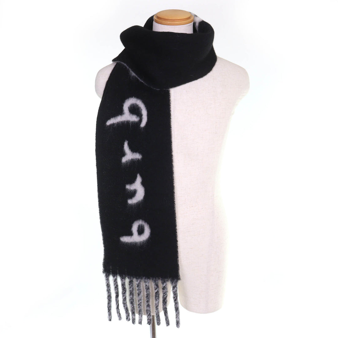 Pristine BURBERRY Scarf Logo Fringe Long black alpaca mens 8114081