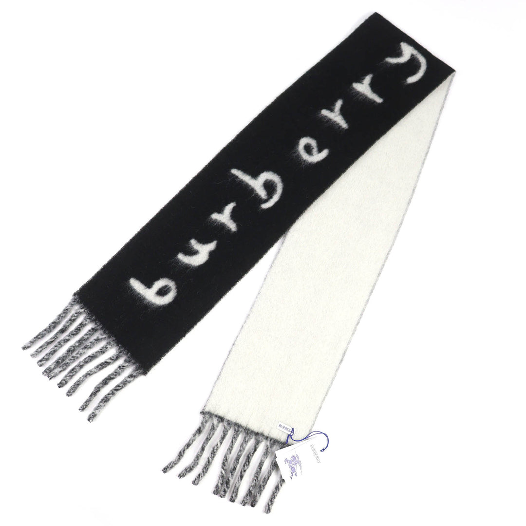 Pristine BURBERRY Scarf Logo Fringe Long black alpaca mens 8114081