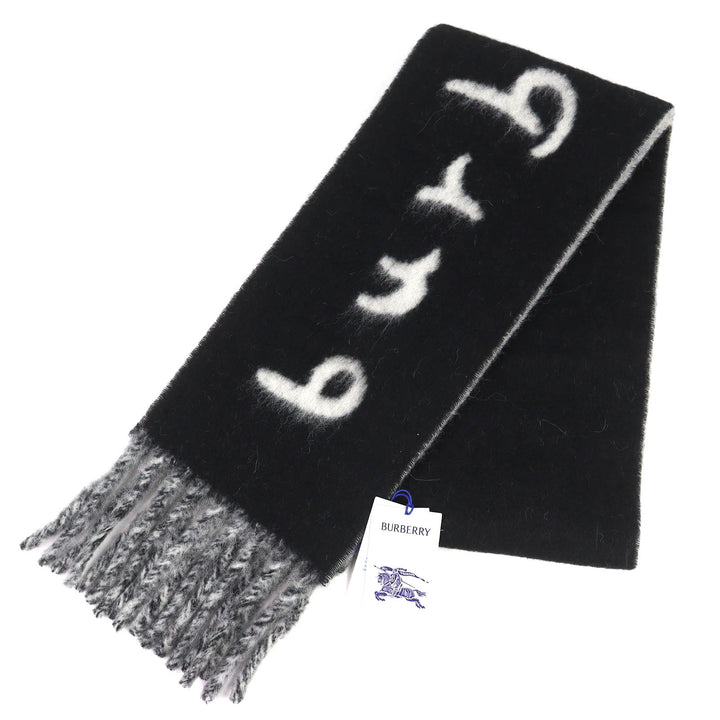 Pristine BURBERRY Scarf Logo Fringe Long black alpaca mens 8114081