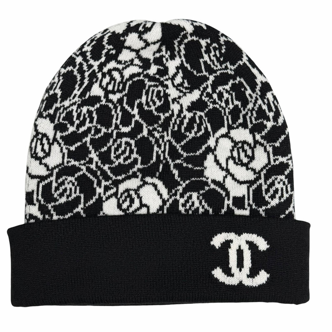 Excellent CHANEL Knit cap COCO Mark Camellia Knit Hat black cashmere Women