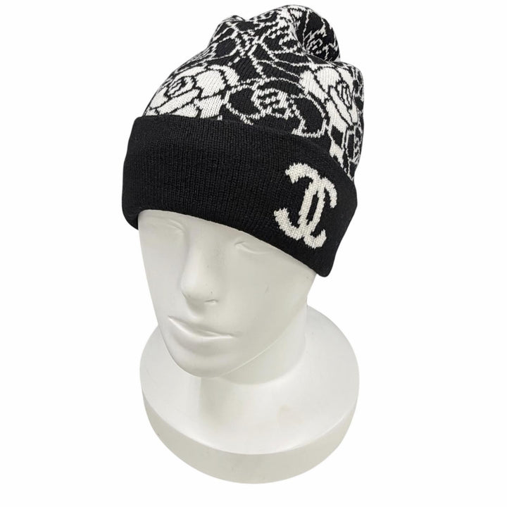 Excellent CHANEL Knit cap COCO Mark Camellia Knit Hat black cashmere Women