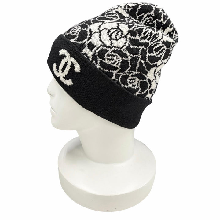Excellent CHANEL Knit cap COCO Mark Camellia Knit Hat black cashmere Women