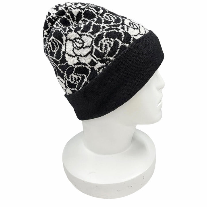 Excellent CHANEL Knit cap COCO Mark Camellia Knit Hat black cashmere Women