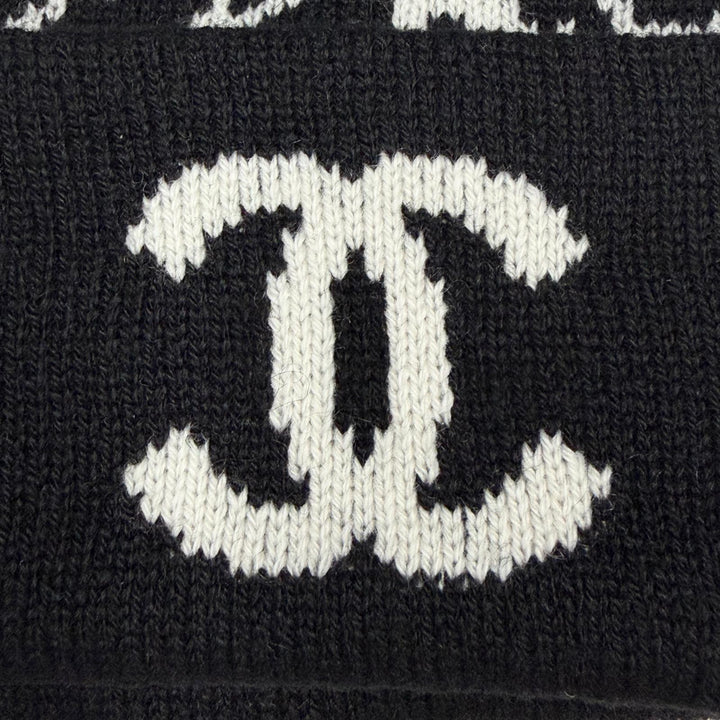 Excellent CHANEL Knit cap COCO Mark Camellia Knit Hat black cashmere Women