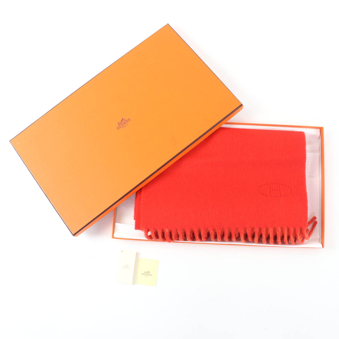 Excellent HERMES Scarf Reversible H-logo perforated fringe cashmere Women