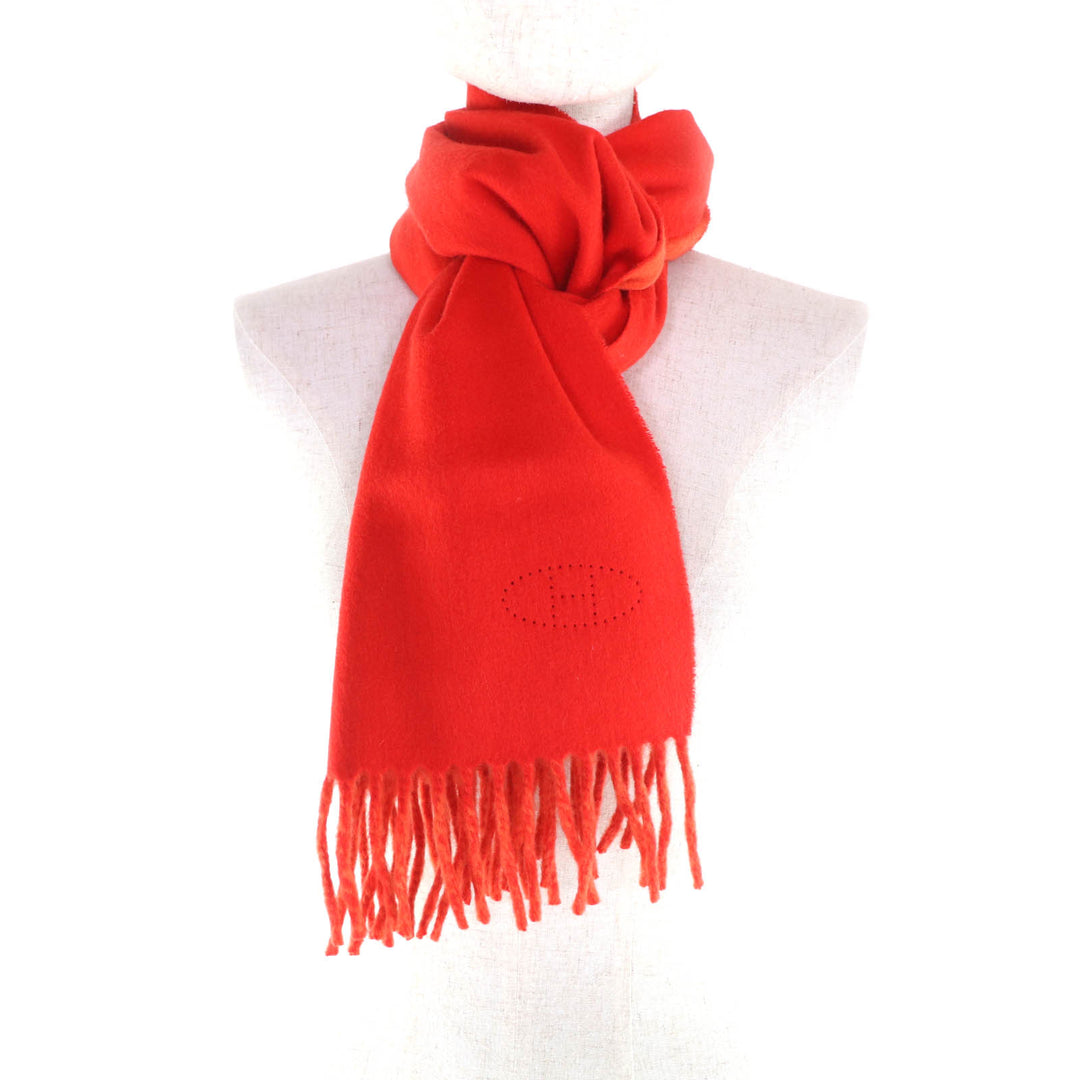 Excellent HERMES Scarf Reversible H-logo perforated fringe cashmere Women