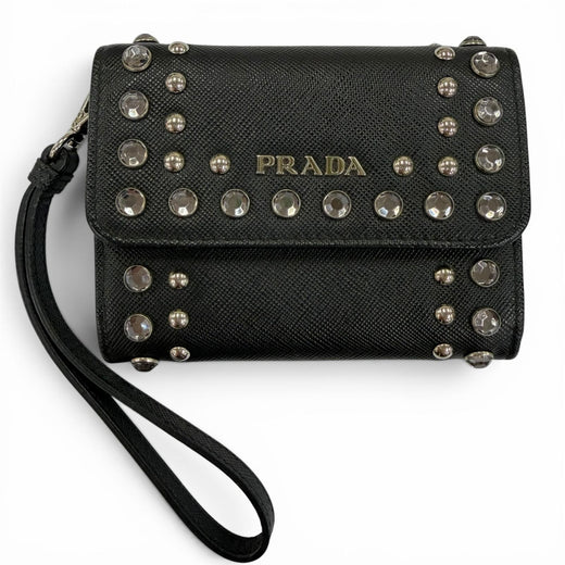 Great PRADA Card Case Leather pass case with strap, logo, jewels, and studs.