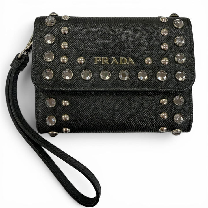 Great PRADA Card Case Leather pass case with strap, logo, jewels, and studs.