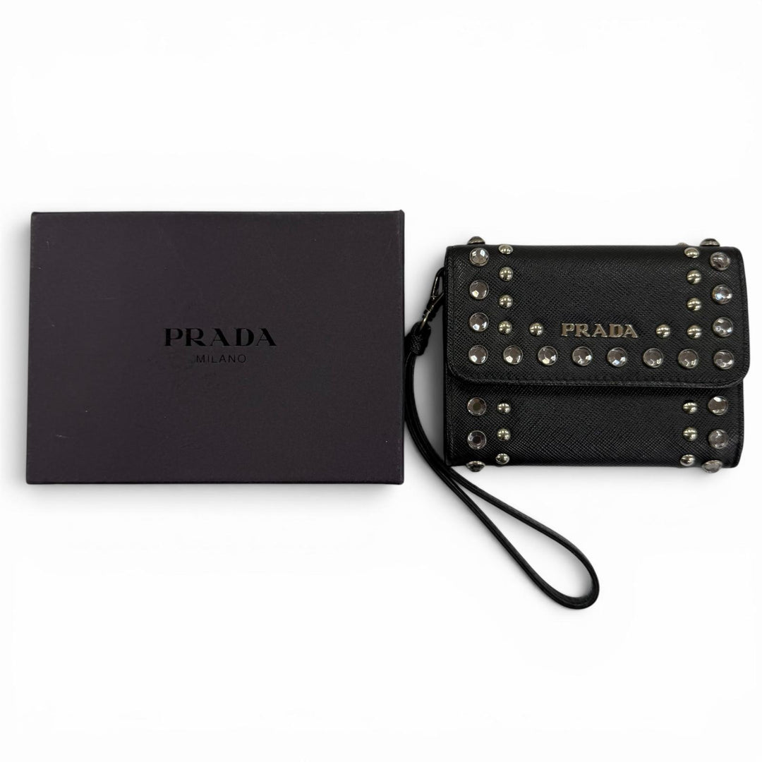 Great PRADA Card Case Leather pass case with strap, logo, jewels, and studs.