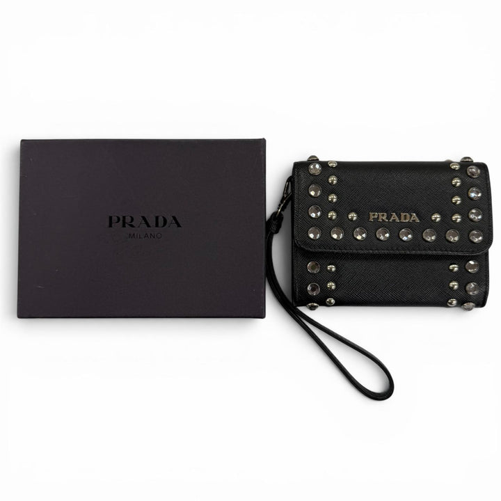 Great PRADA Card Case Leather pass case with strap, logo, jewels, and studs.