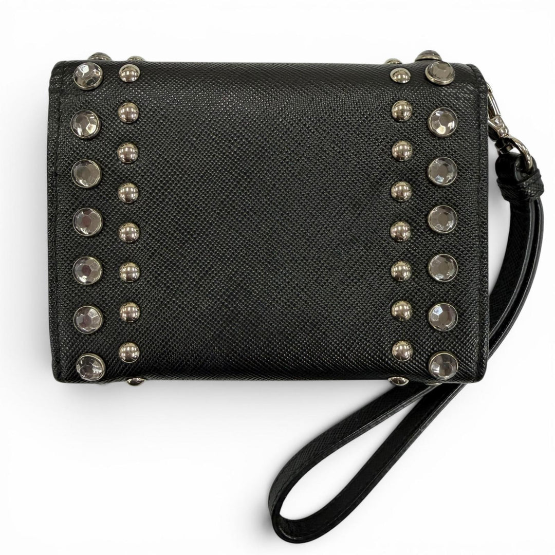 Great PRADA Card Case Leather pass case with strap, logo, jewels, and studs.