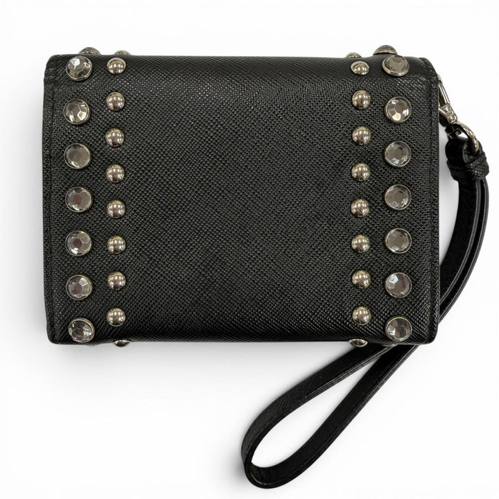 Great PRADA Card Case Leather pass case with strap, logo, jewels, and studs.