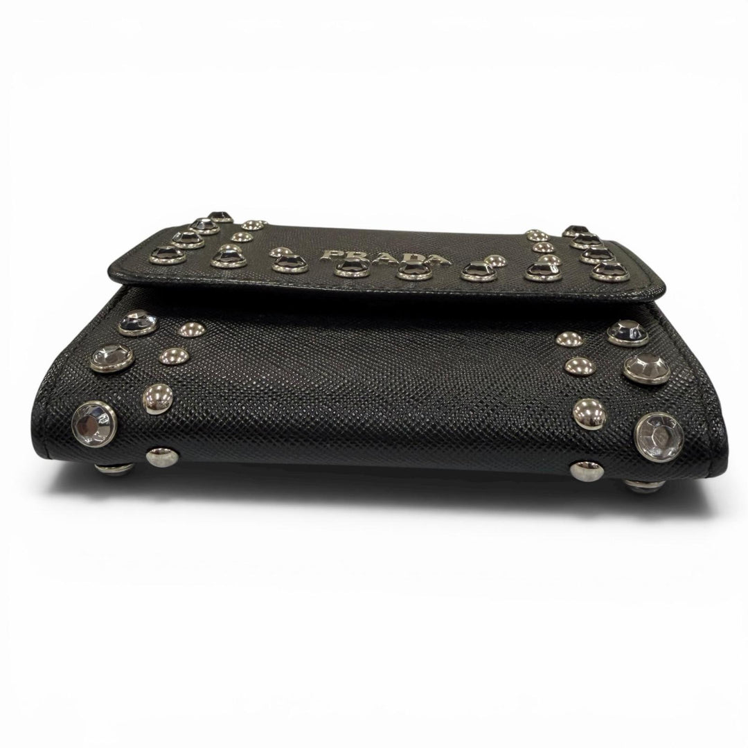 Great PRADA Card Case Leather pass case with strap, logo, jewels, and studs.