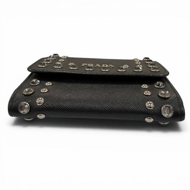 Great PRADA Card Case Leather pass case with strap, logo, jewels, and studs.