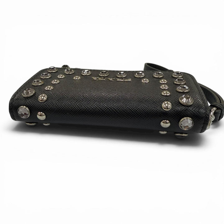 Great PRADA Card Case Leather pass case with strap, logo, jewels, and studs.
