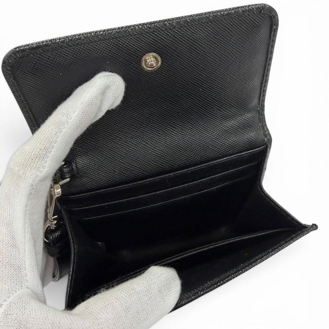 Great PRADA Card Case Leather pass case with strap, logo, jewels, and studs.
