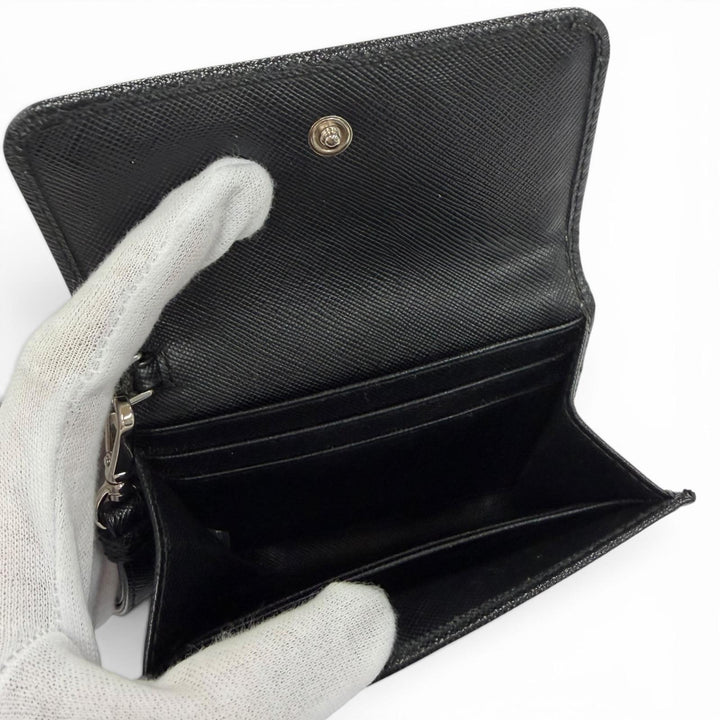 Great PRADA Card Case Leather pass case with strap, logo, jewels, and studs.