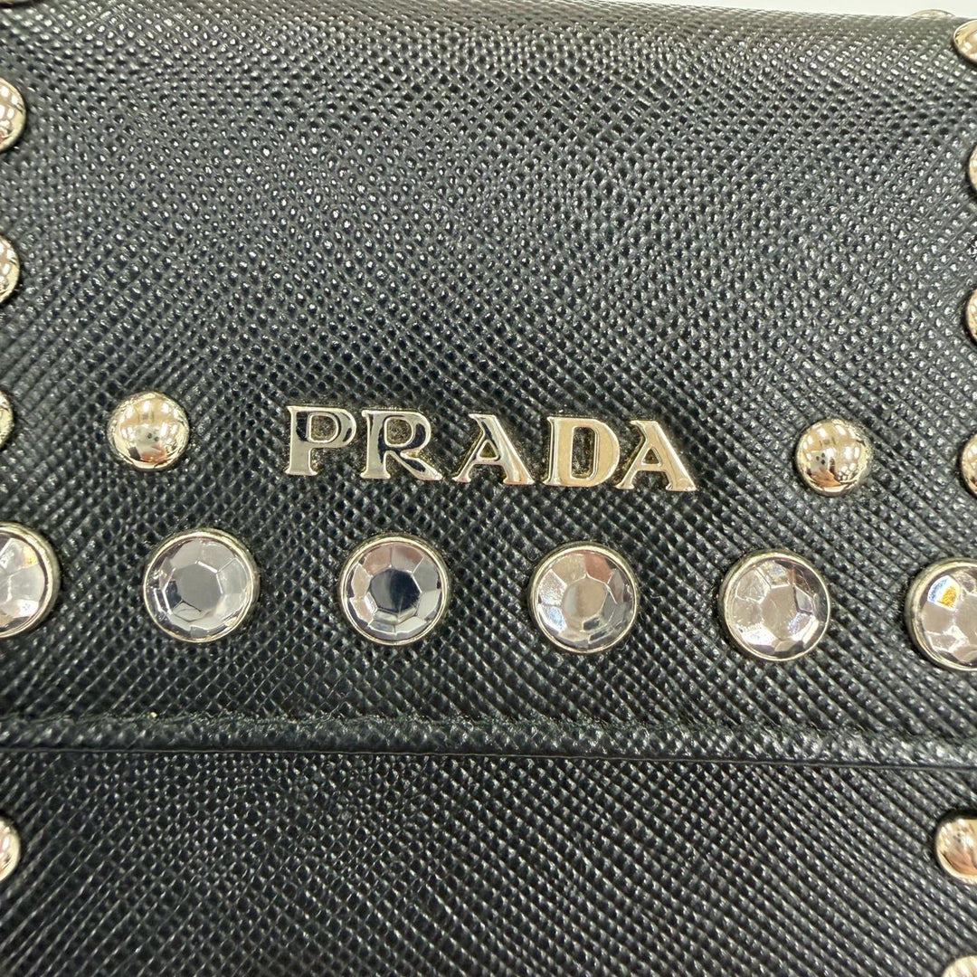 Great PRADA Card Case Leather pass case with strap, logo, jewels, and studs.
