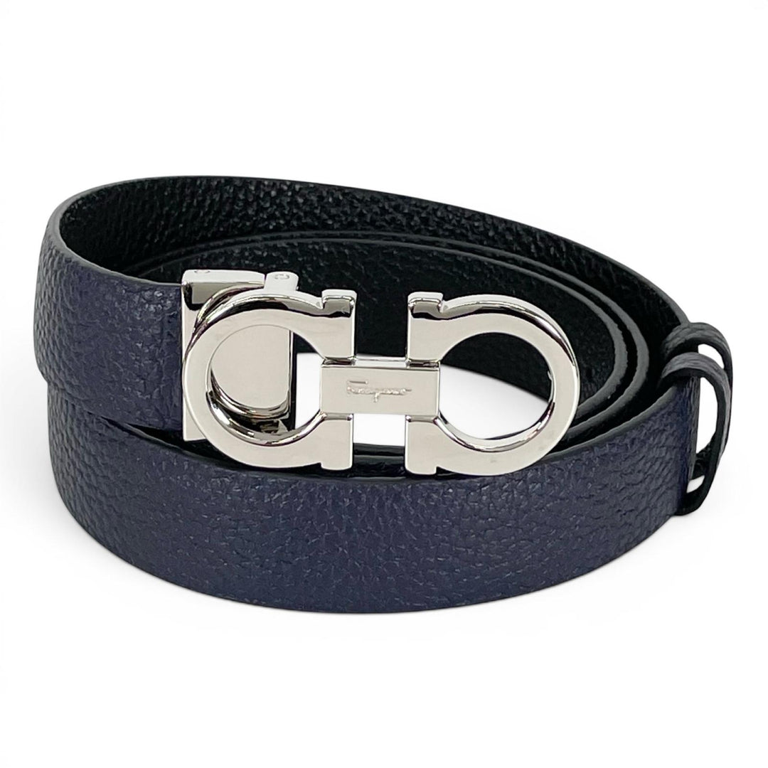 Pristine Salvatore Ferragamo belt Double Gancini reversible Navy leather mens