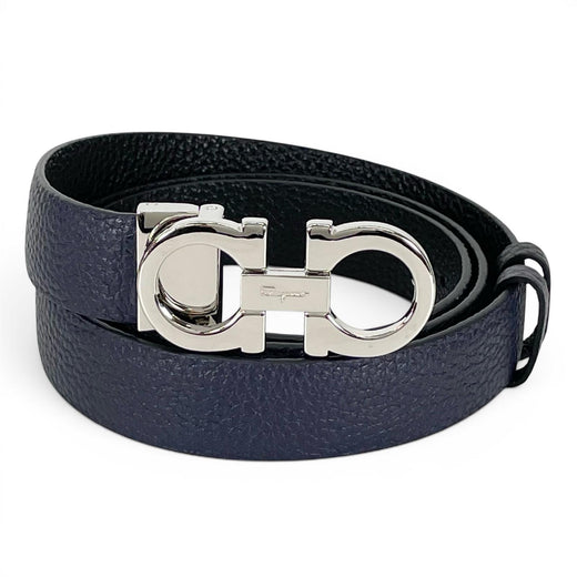 Pristine Salvatore Ferragamo belt Double Gancini reversible Navy leather mens