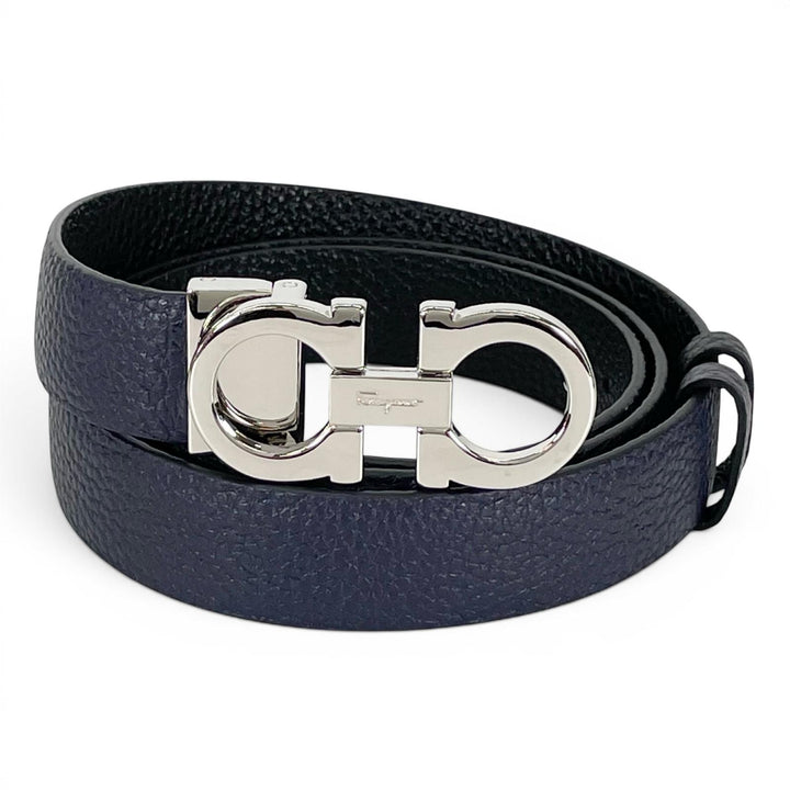 Pristine Salvatore Ferragamo belt Double Gancini reversible Navy leather mens