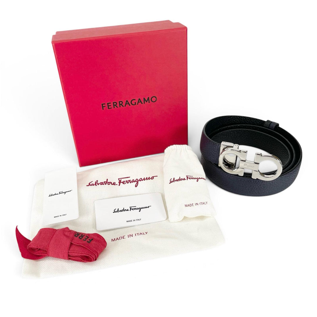 Pristine Salvatore Ferragamo belt Double Gancini reversible Navy leather mens