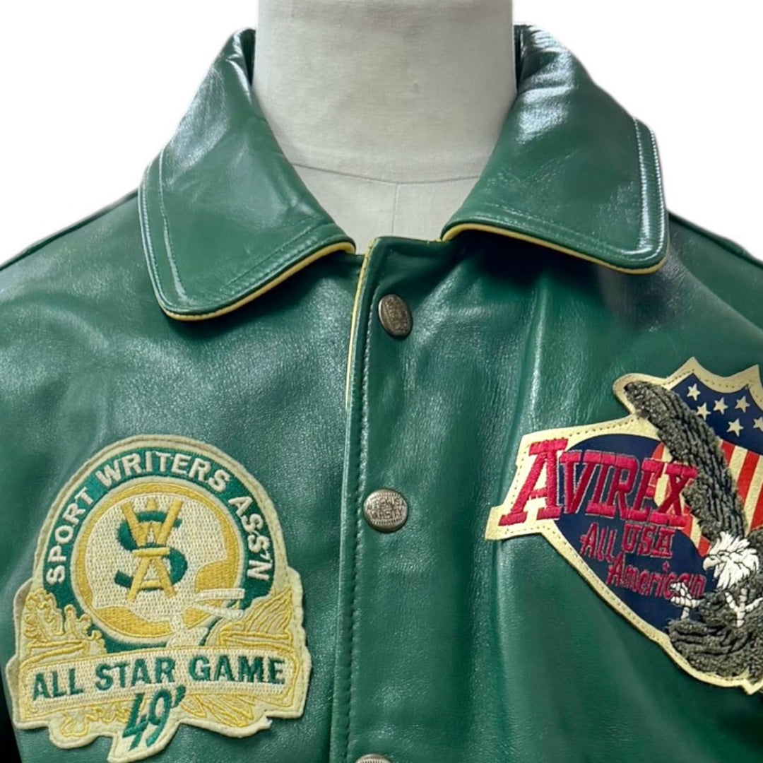 Discounted Very Good AVIREX Stajan Padded zip-up varsity jacket green Horsehide mens S