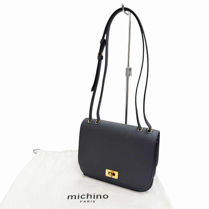 Excellent michino PARIS Shoulder Bag Elysee Flap bag Navy Calf leather B139