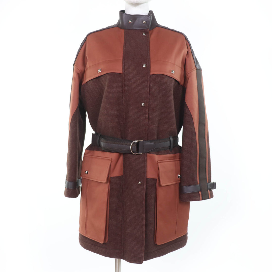 Excellent HERMES coat Runway wear, Medor buttons, belt, panel padding. Brown 38