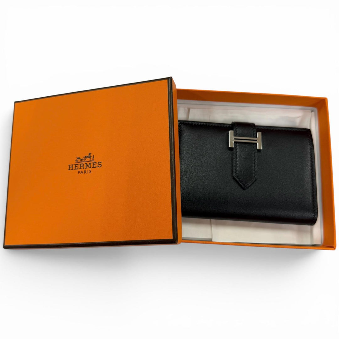 Great HERMES Card Case Bean mini black Box scarf Leather Women