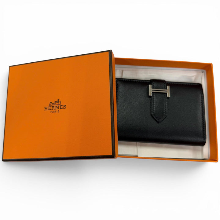 Great HERMES Card Case Bean mini black Box scarf Leather Women