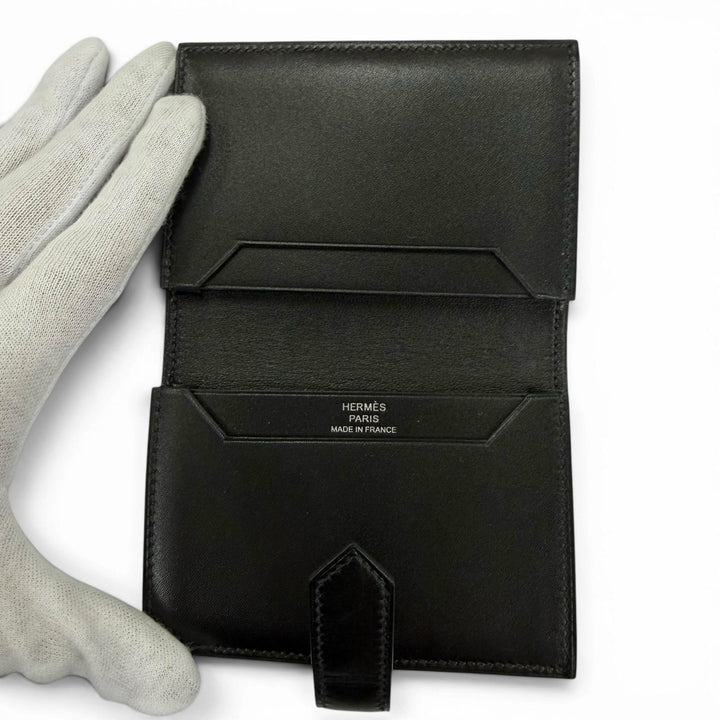 Great HERMES Card Case Bean mini black Box scarf Leather Women