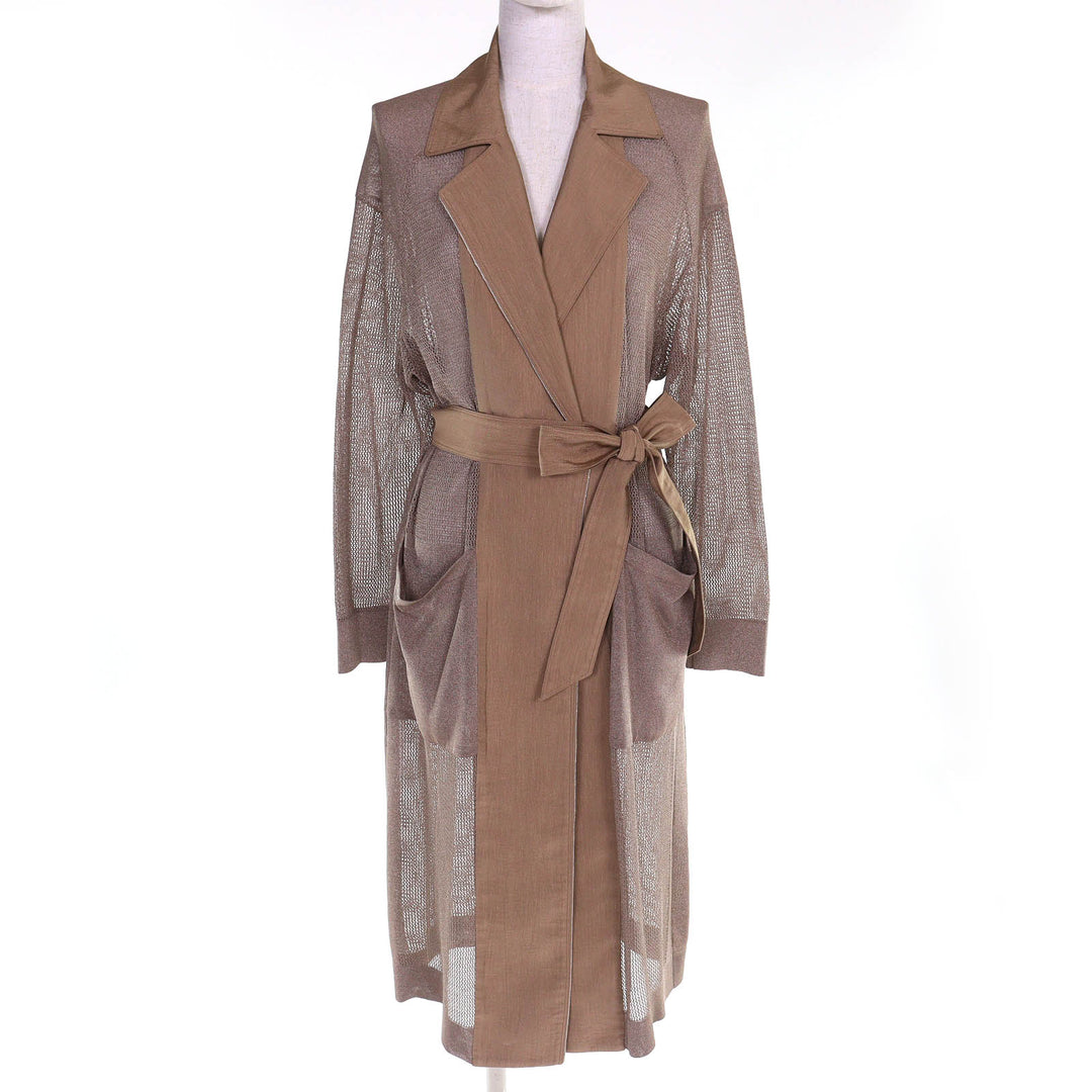 Excellent MORABITO Belted Mesh Design Long Cardigan Dress Brown 38 9001-52322