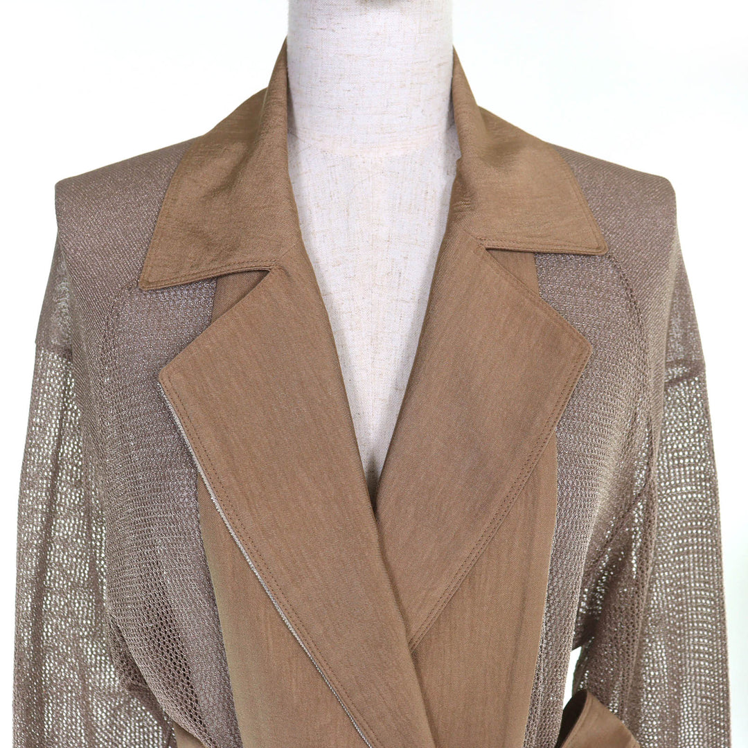 Excellent MORABITO Belted Mesh Design Long Cardigan Dress Brown 38 9001-52322