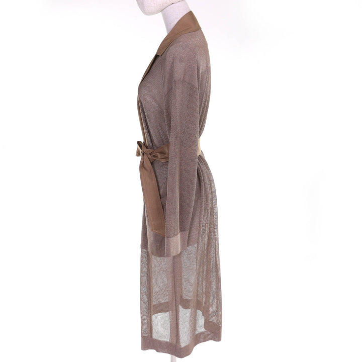 Excellent MORABITO Belted Mesh Design Long Cardigan Dress Brown 38 9001-52322
